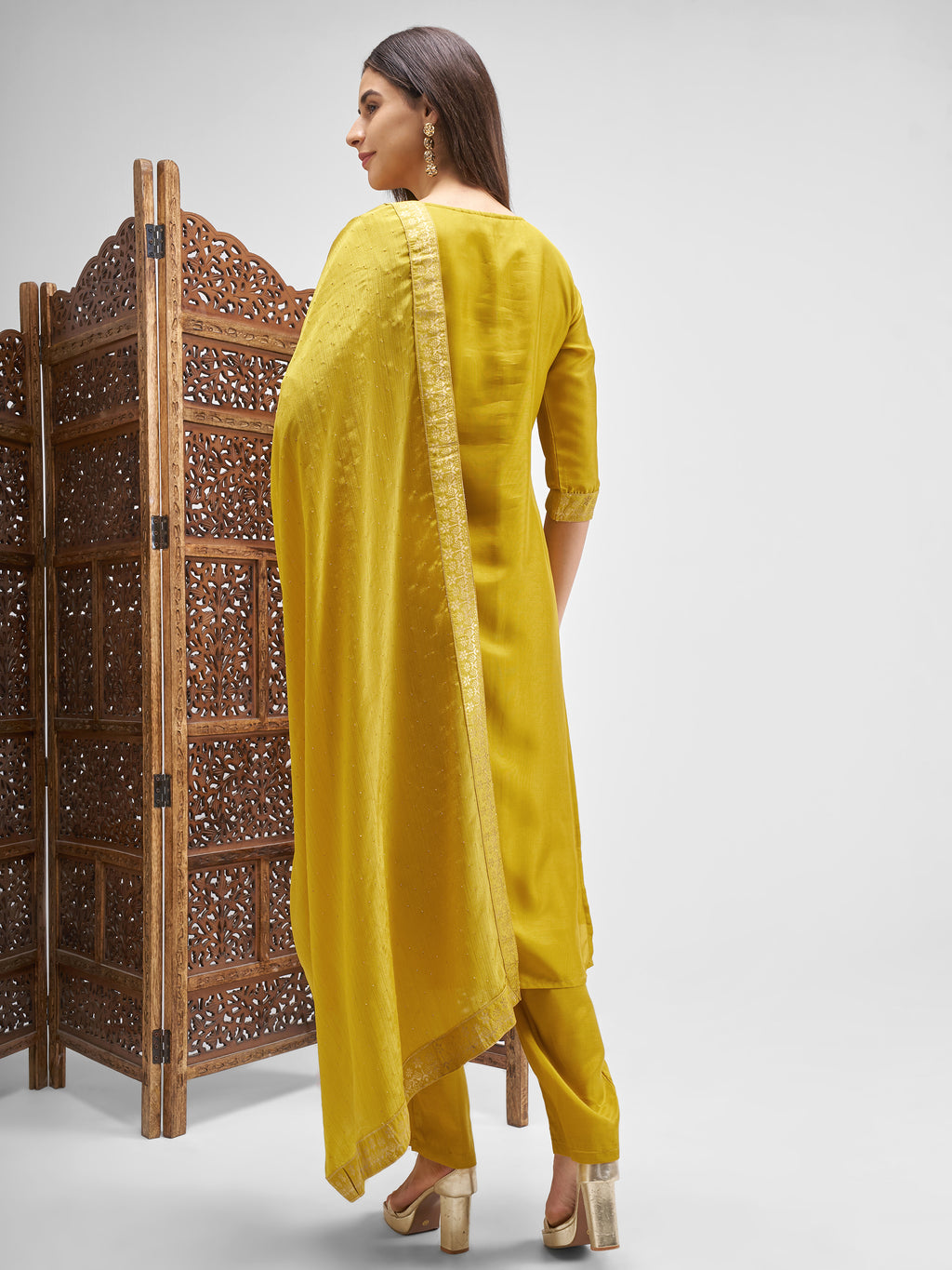 Vishudh Women Mustard Embroidered Kurta And Palazzo With Dupatta - Mustard - Image 3