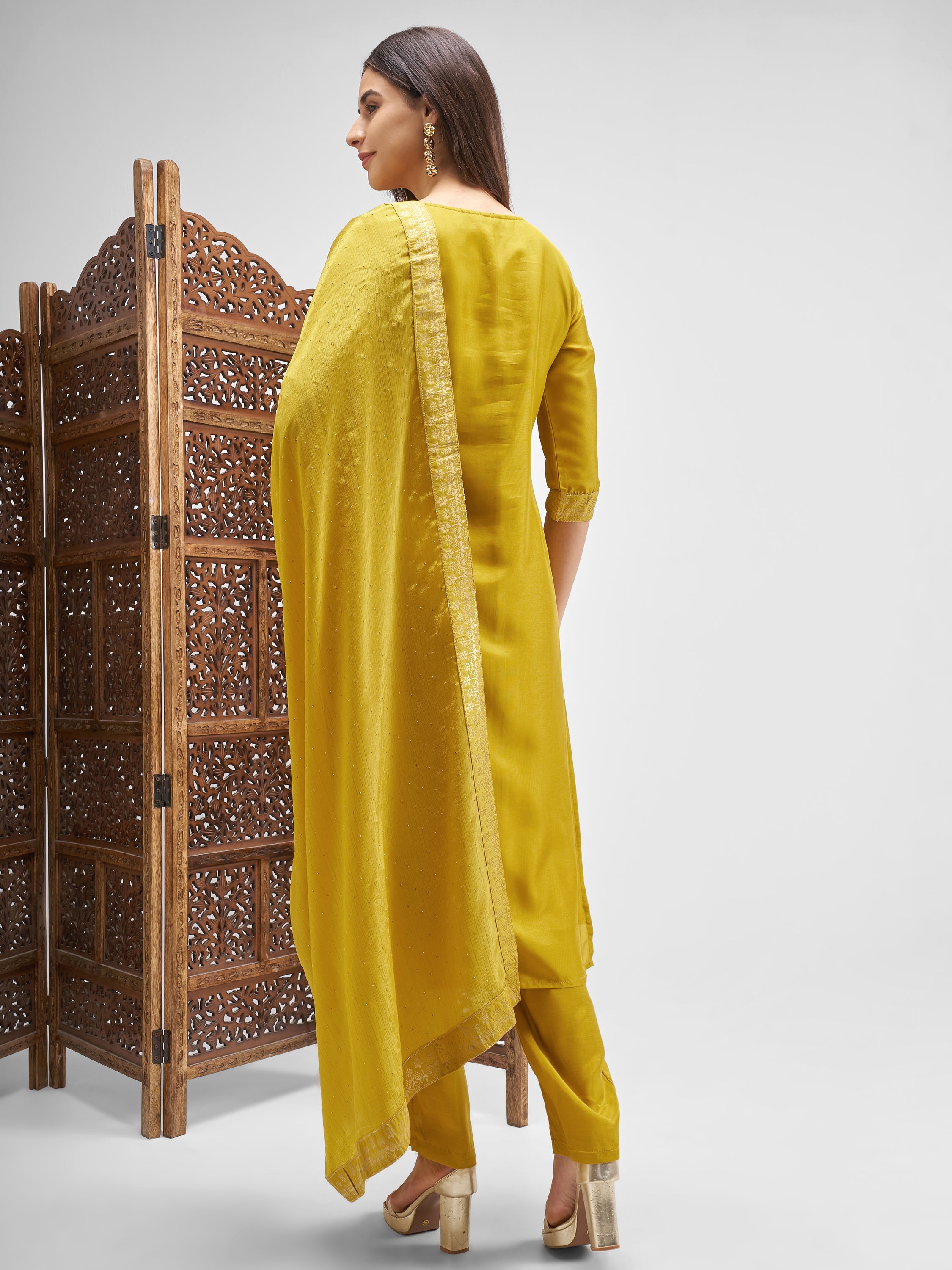Vishudh Women Mustard Embroidered Kurta And Palazzo With Dupatta - Mustard - Image 3