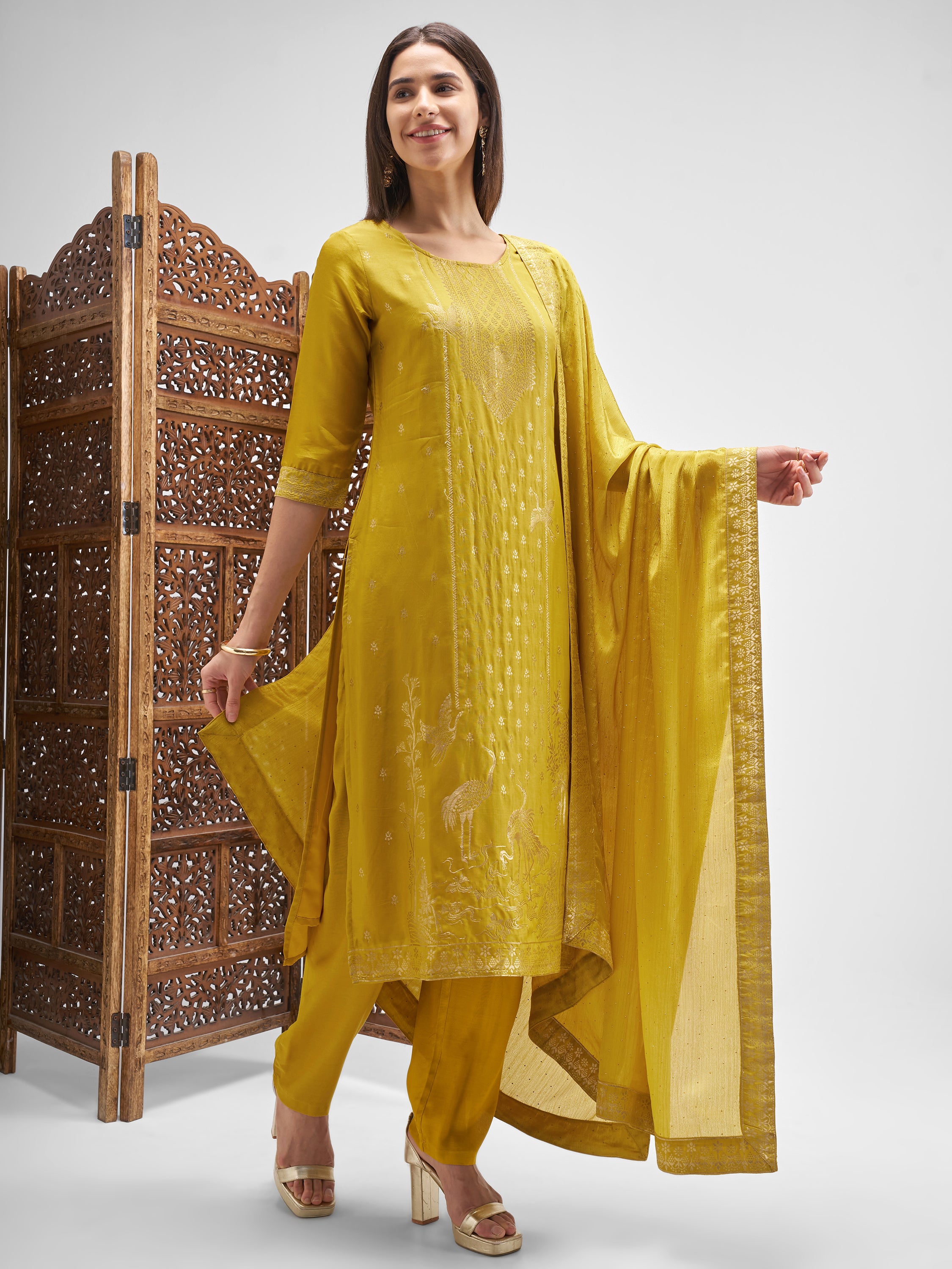Vishudh Women Mustard Embroidered Kurta And Palazzo With Dupatta - Mustard - Image 4