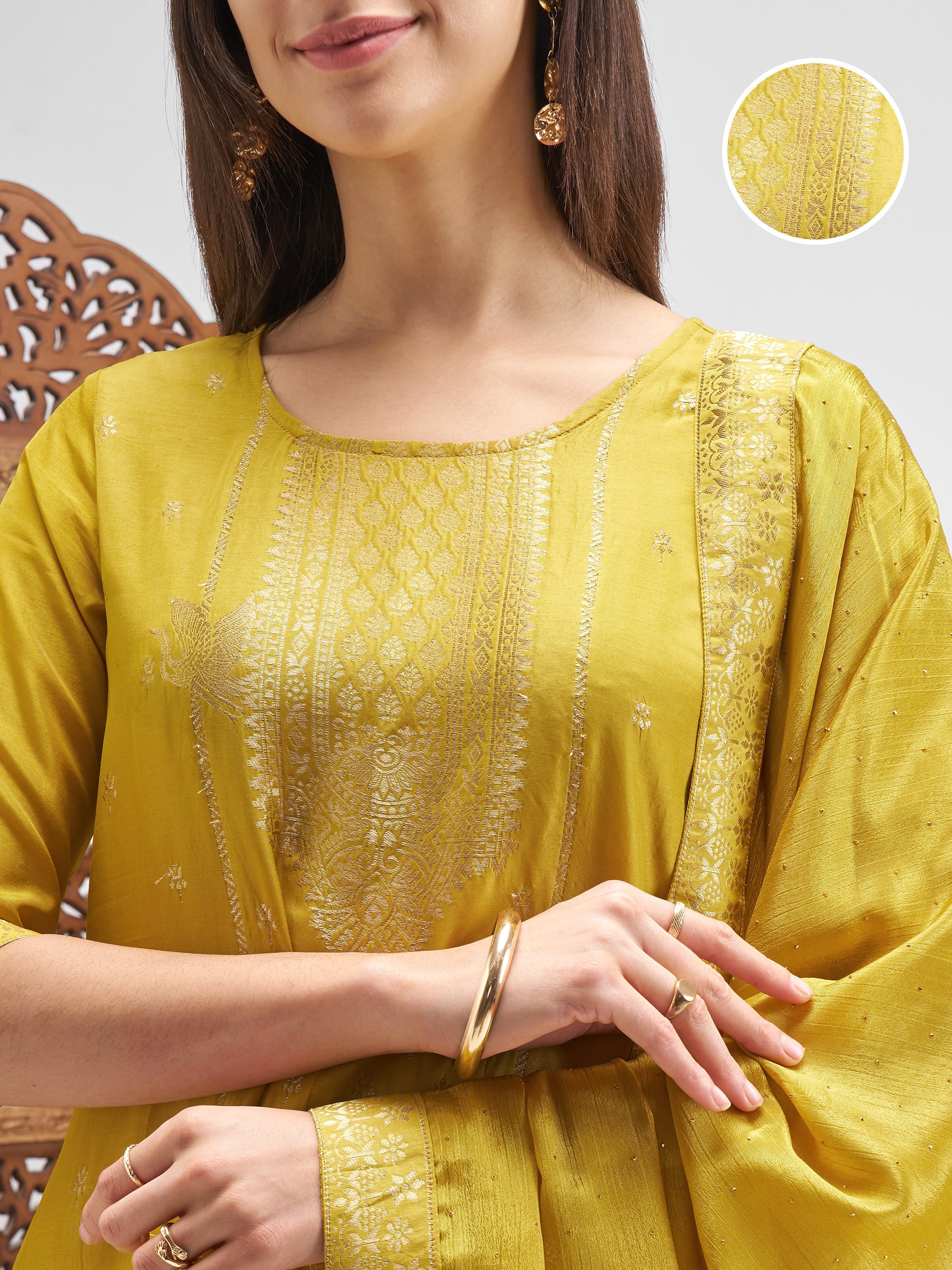 Vishudh Women Mustard Embroidered Kurta And Palazzo With Dupatta - Mustard - Image 5
