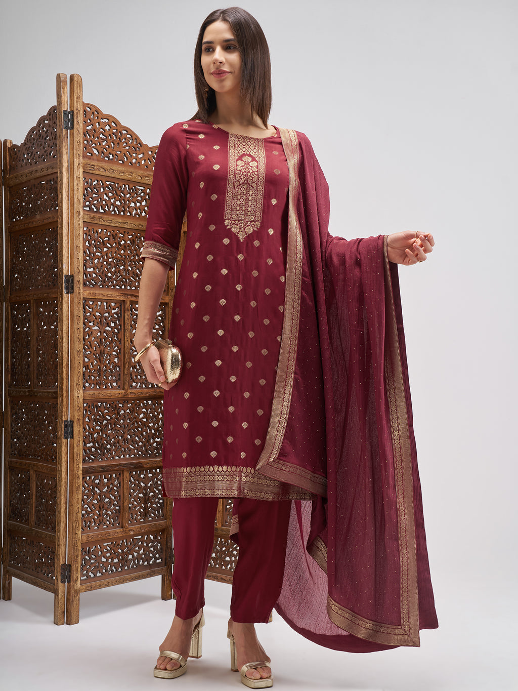 Vishudh Women Maroon Embroidered Kurta And Palazzo With Dupatta - Maroon - Image 1