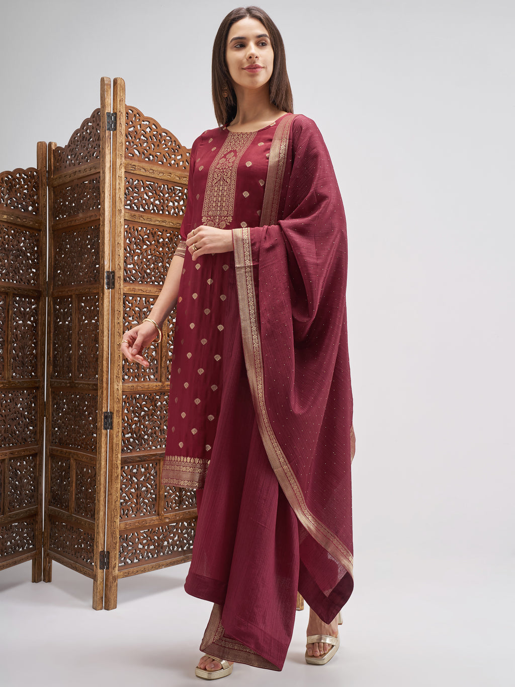 Vishudh Women Maroon Embroidered Kurta And Palazzo With Dupatta - Maroon - Image 2