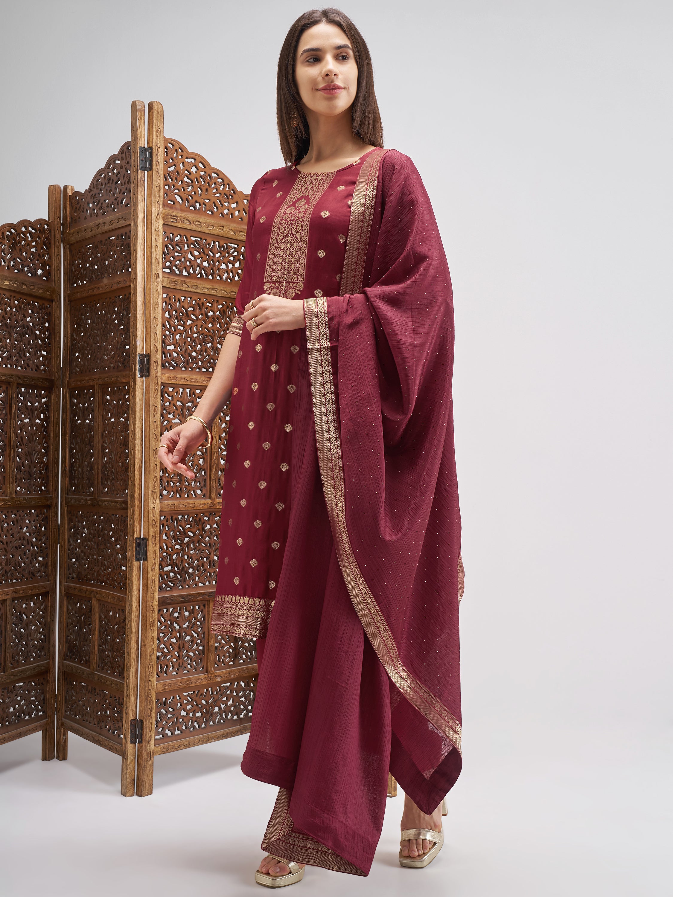 Vishudh Women Maroon Embroidered Kurta And Palazzo With Dupatta - Maroon - Image 2