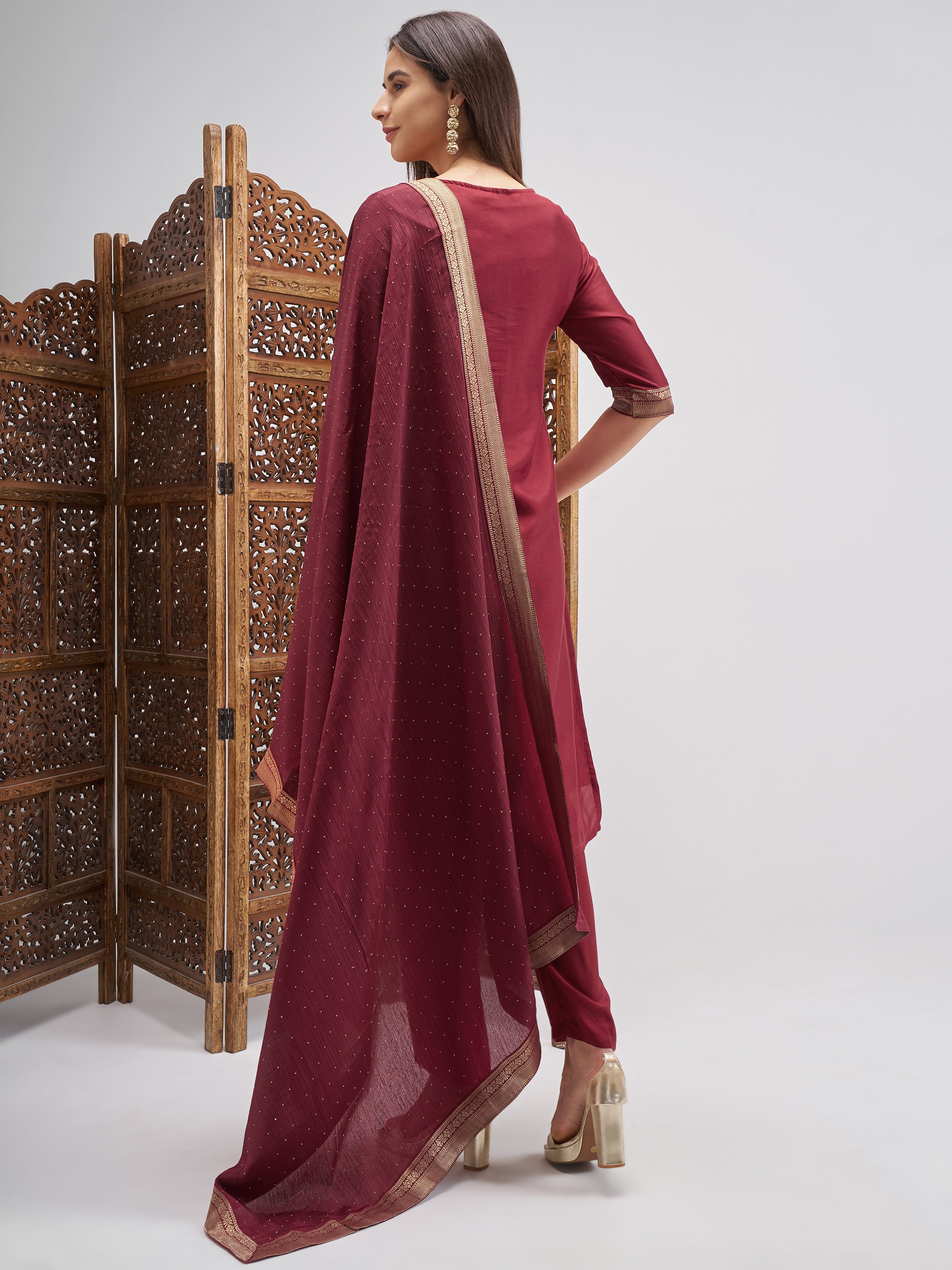 Vishudh Women Maroon Embroidered Kurta And Palazzo With Dupatta - Maroon - Image 3