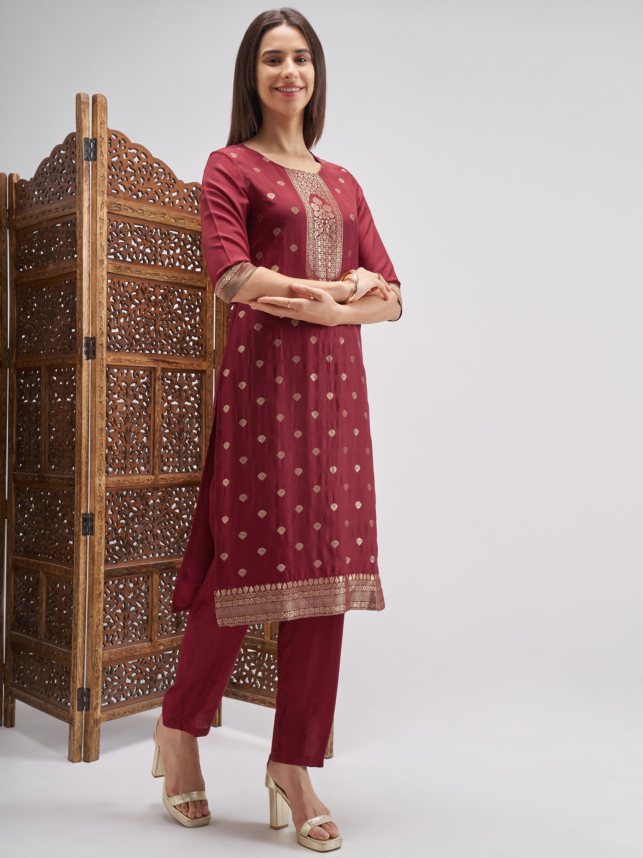 Vishudh Women Maroon Embroidered Kurta And Palazzo With Dupatta - Maroon - Image 4