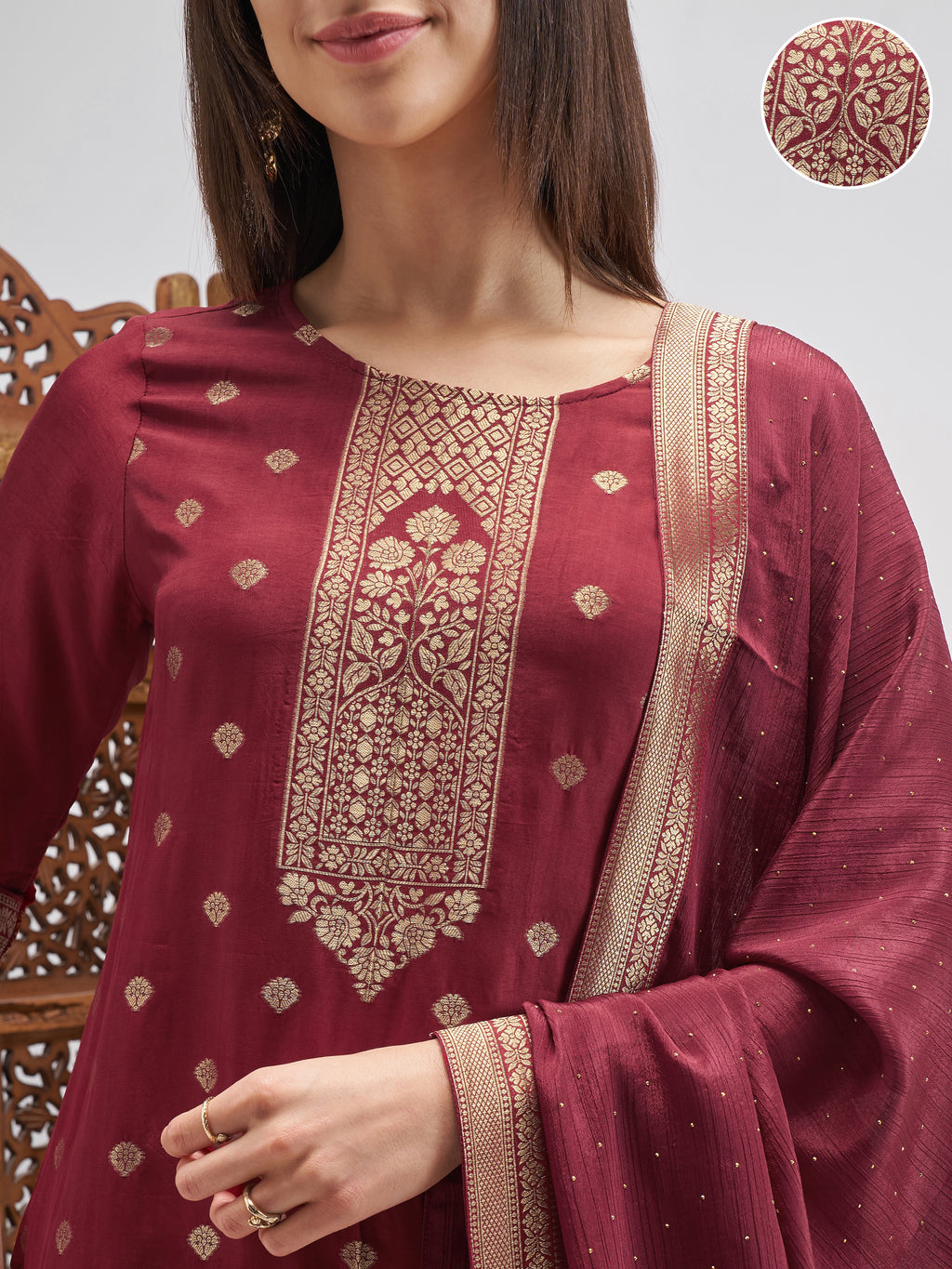 Vishudh Women Maroon Embroidered Kurta And Palazzo With Dupatta - Maroon - Image 5