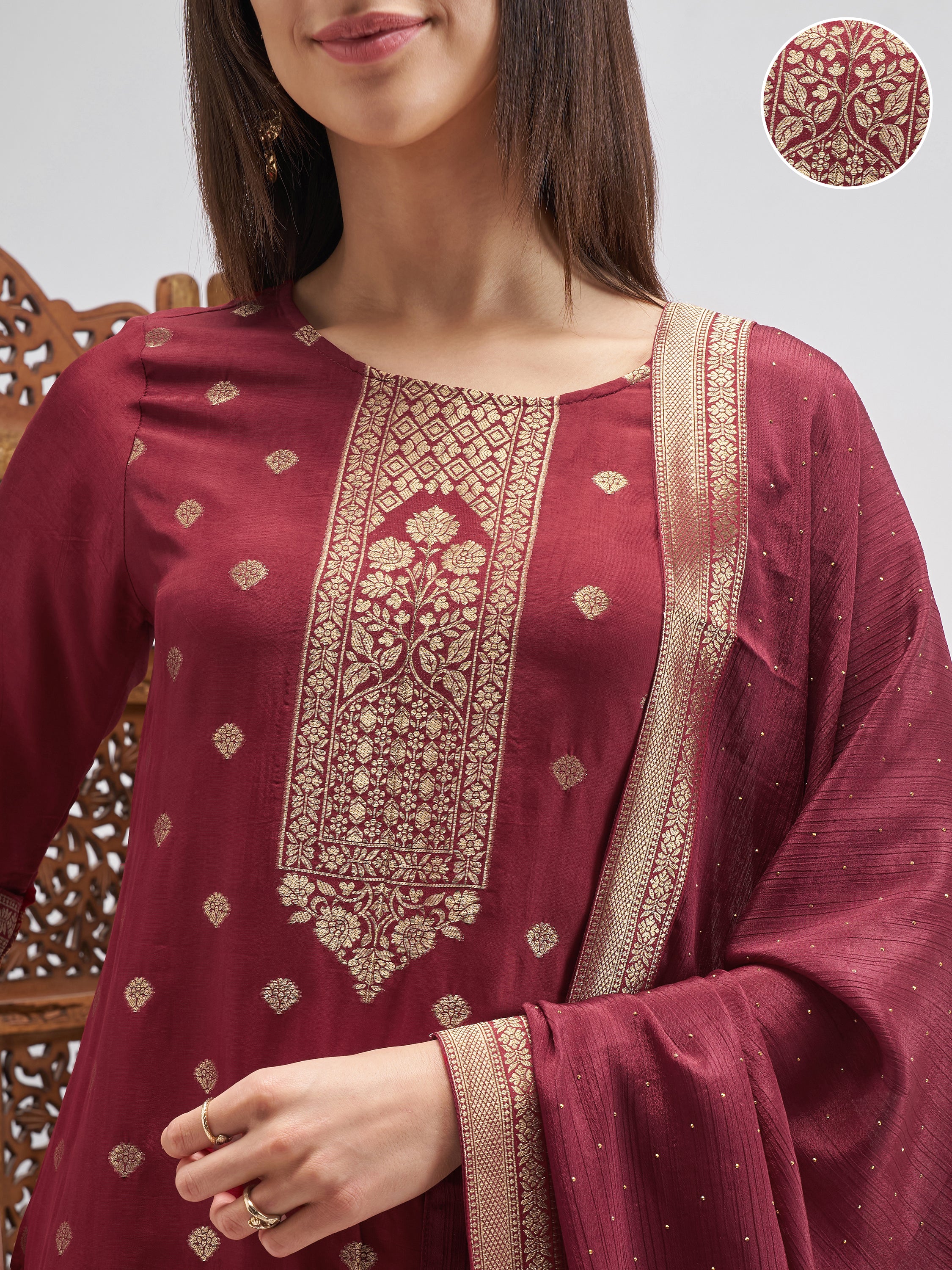 Vishudh Women Maroon Embroidered Kurta And Palazzo With Dupatta - Maroon - Image 5