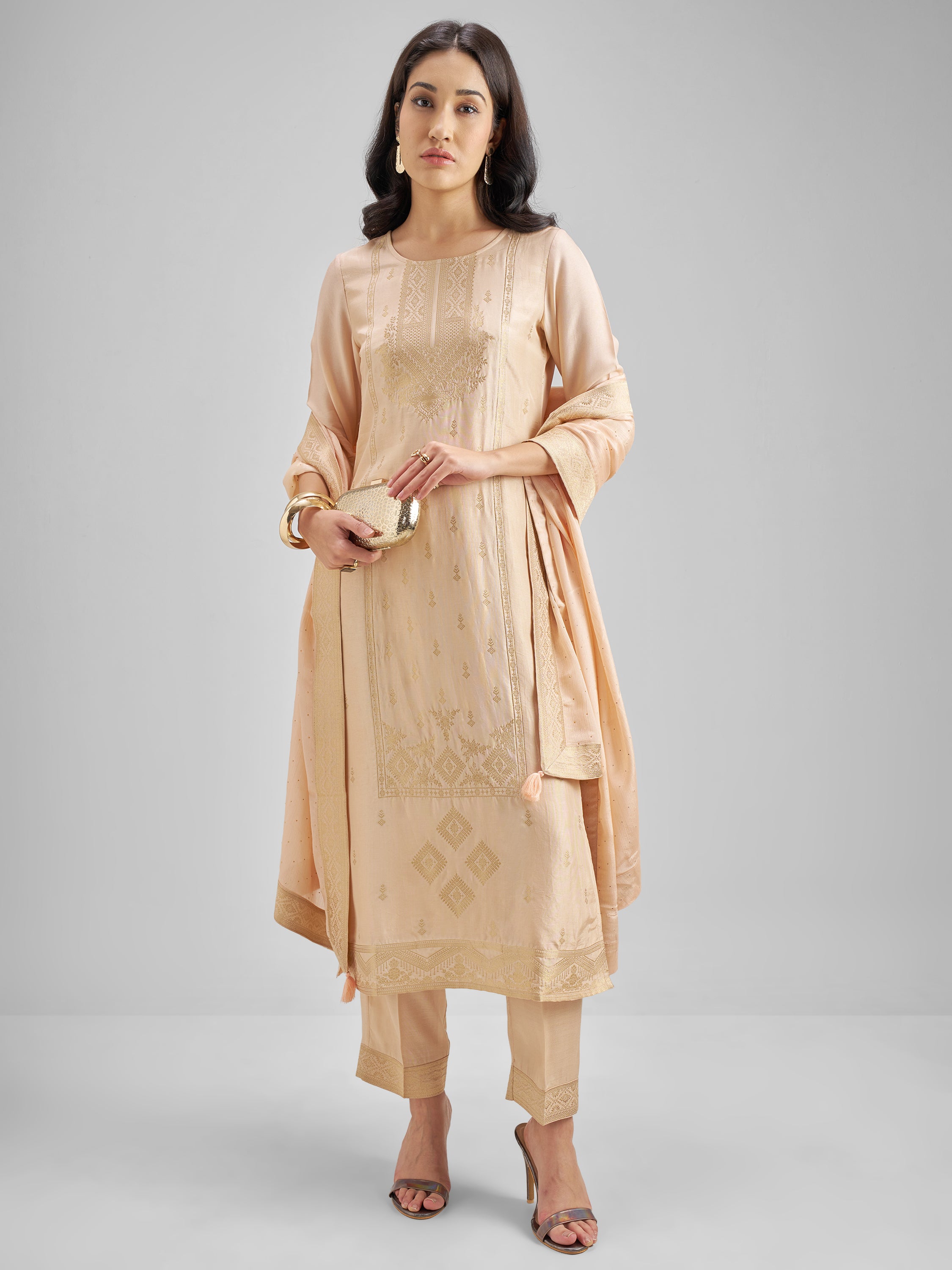 Vishudh Women Peach Embroidered Kurta With Trouser And Dupatta - Peach - Image 1