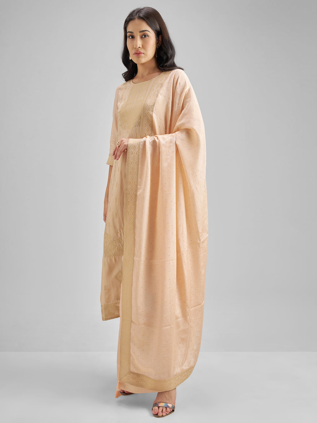 Vishudh Women Peach Embroidered Kurta With Trouser And Dupatta - Peach - Image 2