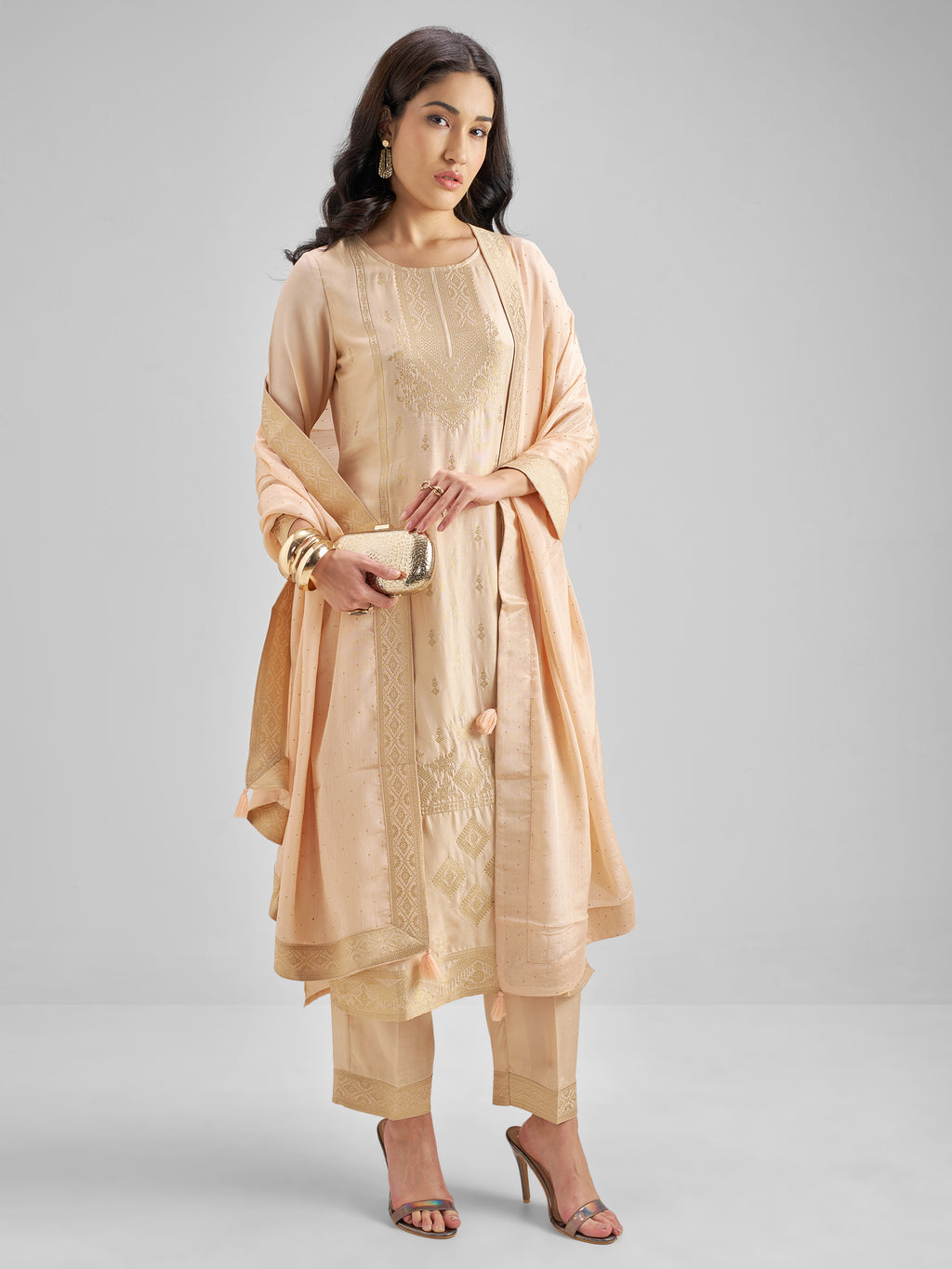 Vishudh Women Peach Embroidered Kurta With Trouser And Dupatta - Peach - Image 8