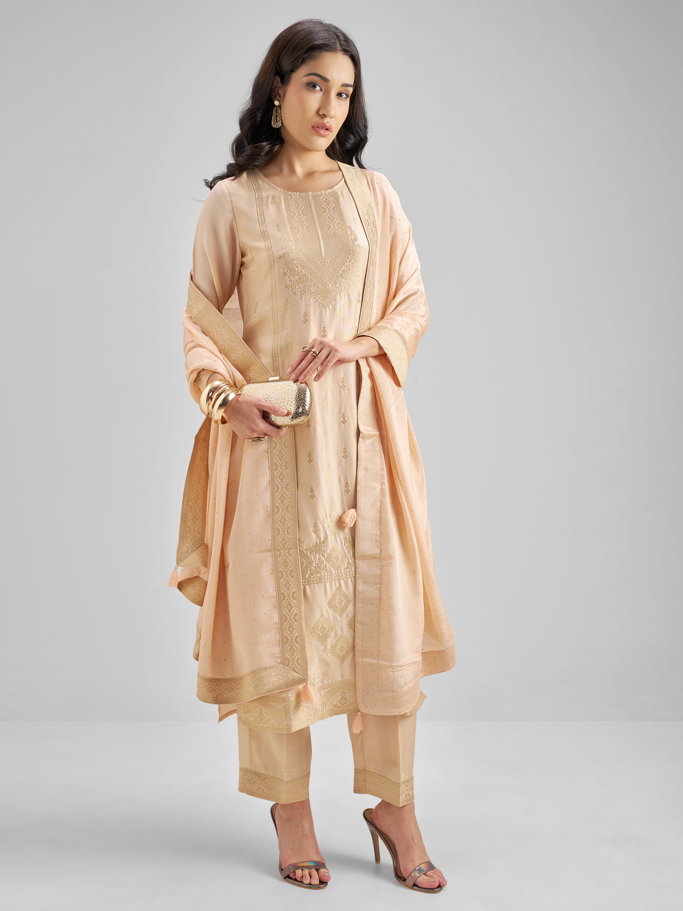 Vishudh Women Peach Embroidered Kurta With Trouser And Dupatta - Peach - Image 8