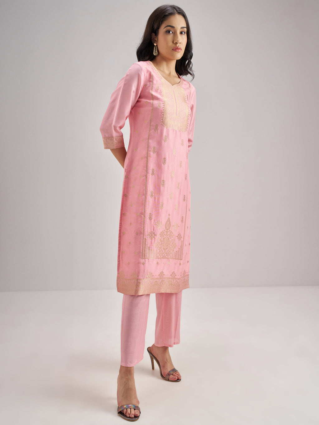 Vishudh Women Pink Embroidered Kurta With Trouser And Dupatta - Pink - Image 4