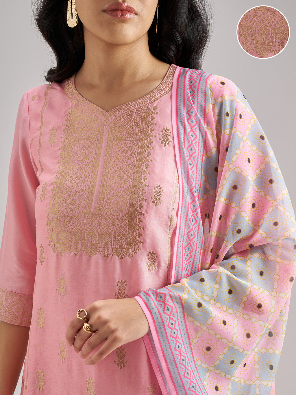 Vishudh Women Pink Embroidered Kurta With Trouser And Dupatta - Pink - Image 5