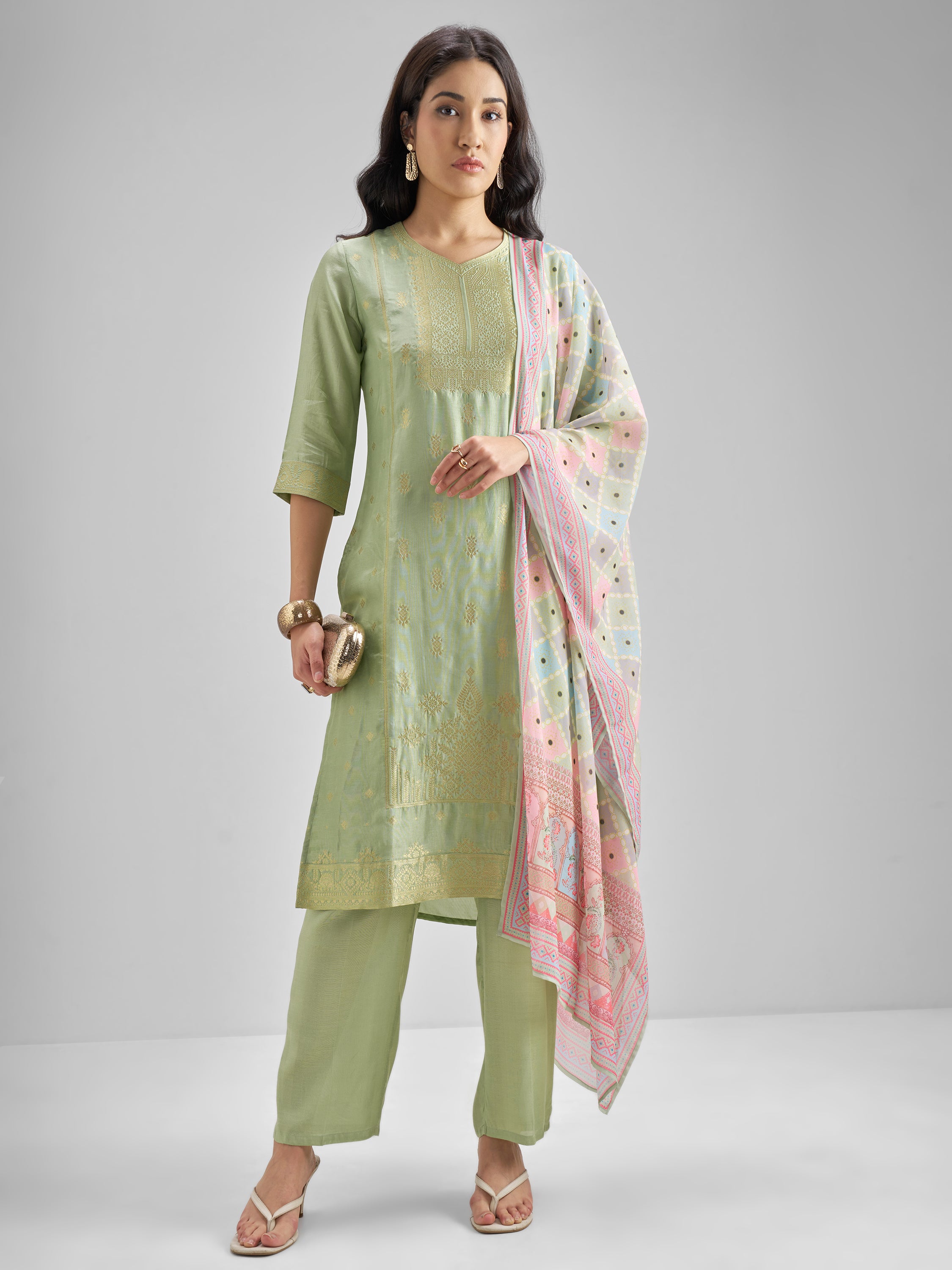 Vishudh Women Green Embroidered Kurta With Trouser And Dupatta - Green - Image 1