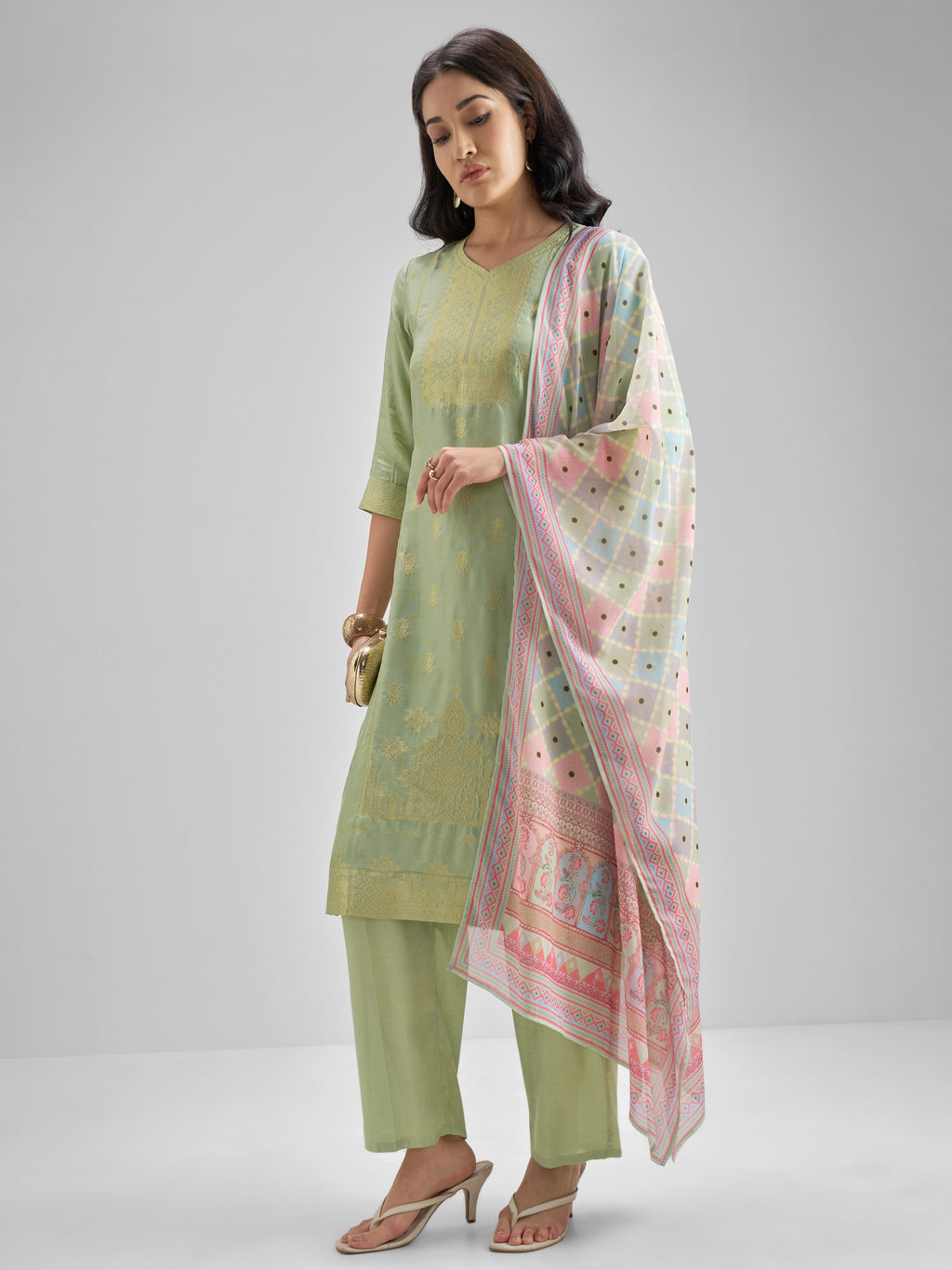 Vishudh Women Green Embroidered Kurta With Trouser And Dupatta - Green - Image 2