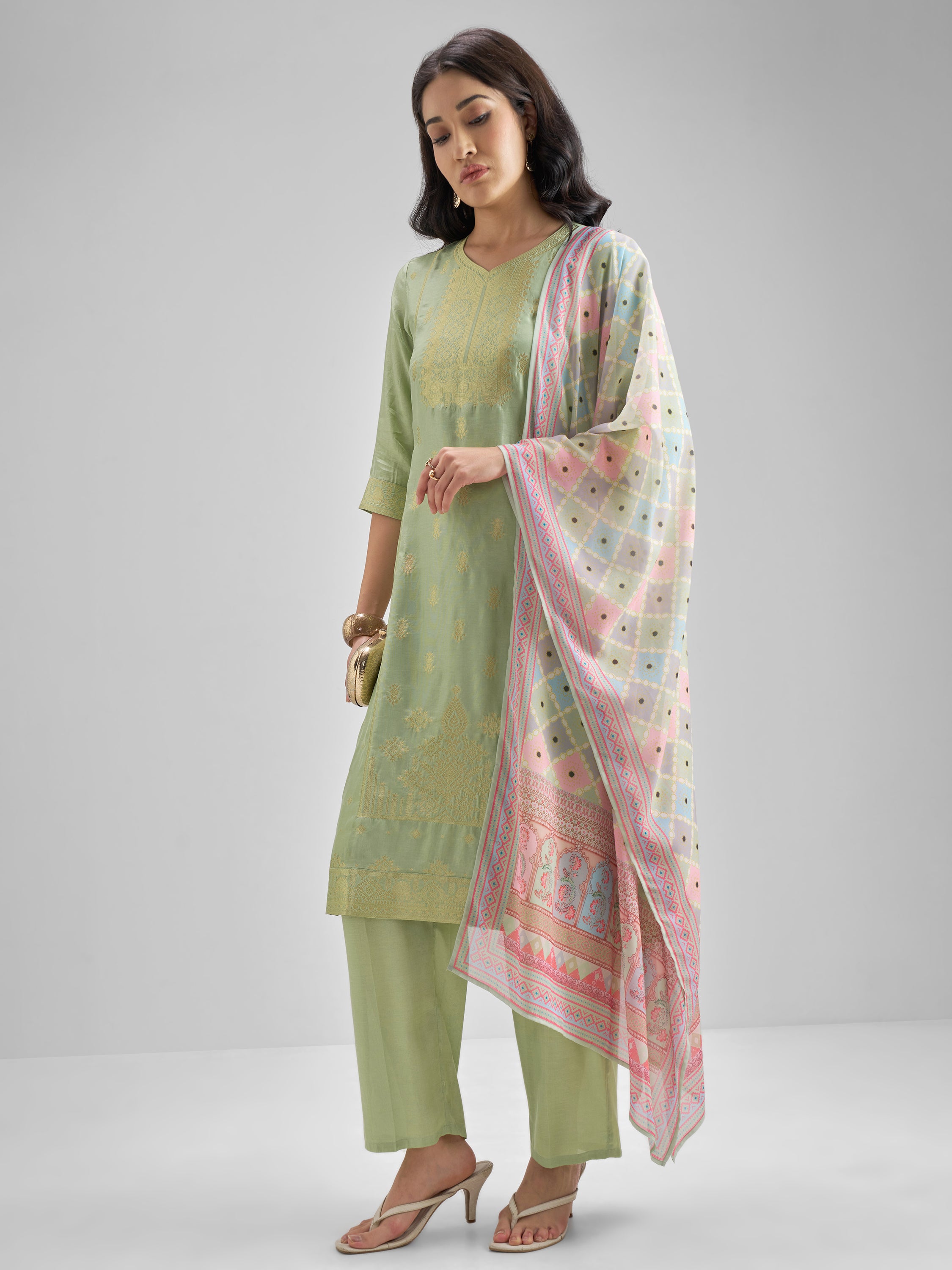 Vishudh Women Green Embroidered Kurta With Trouser And Dupatta - Green - Image 2