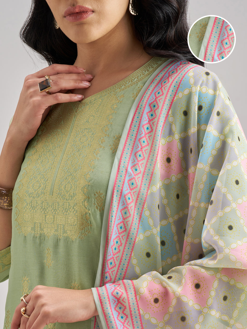 Vishudh Women Green Embroidered Kurta With Trouser And Dupatta - Green - Image 5