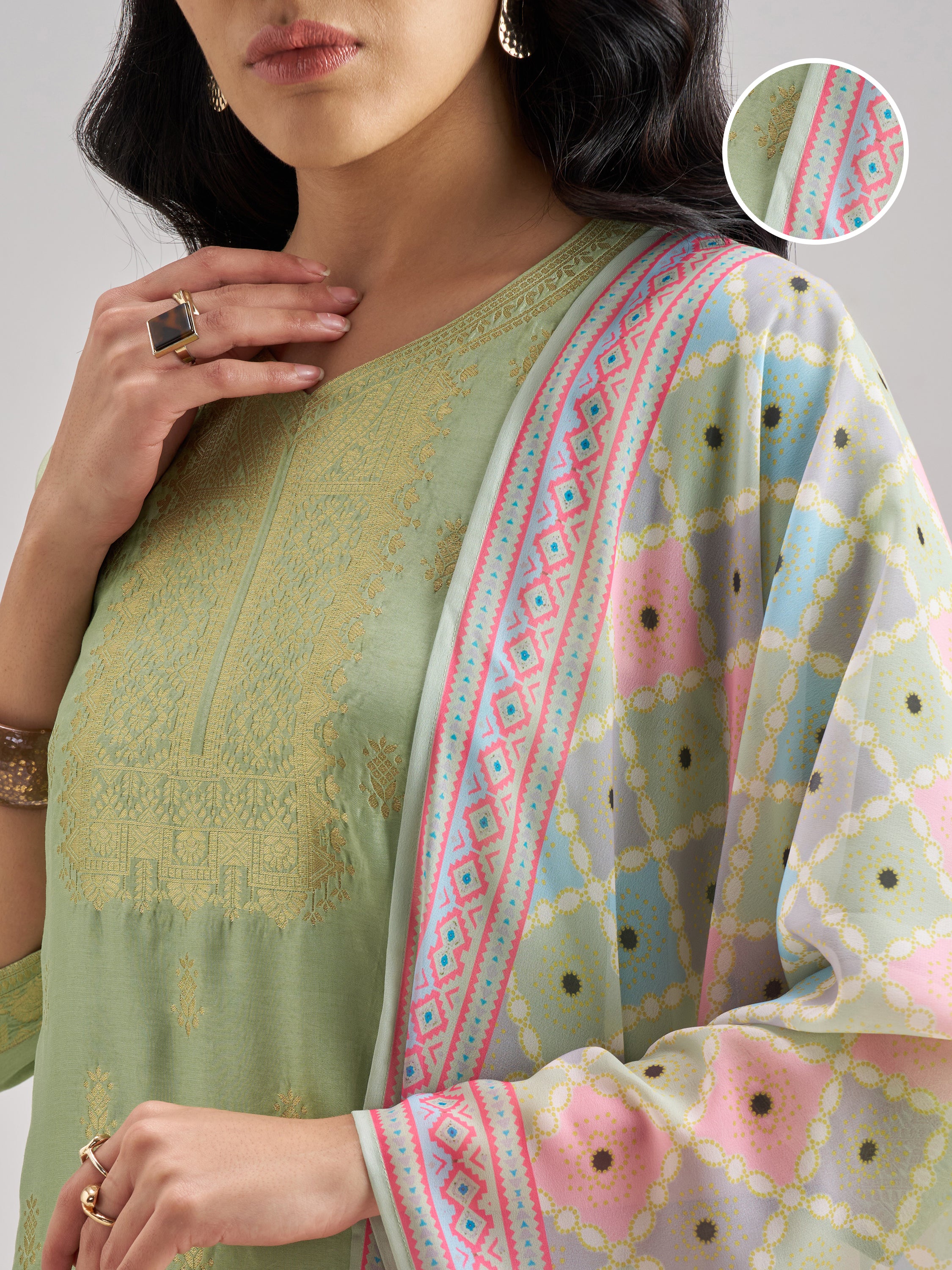 Vishudh Women Green Embroidered Kurta With Trouser And Dupatta - Green - Image 5
