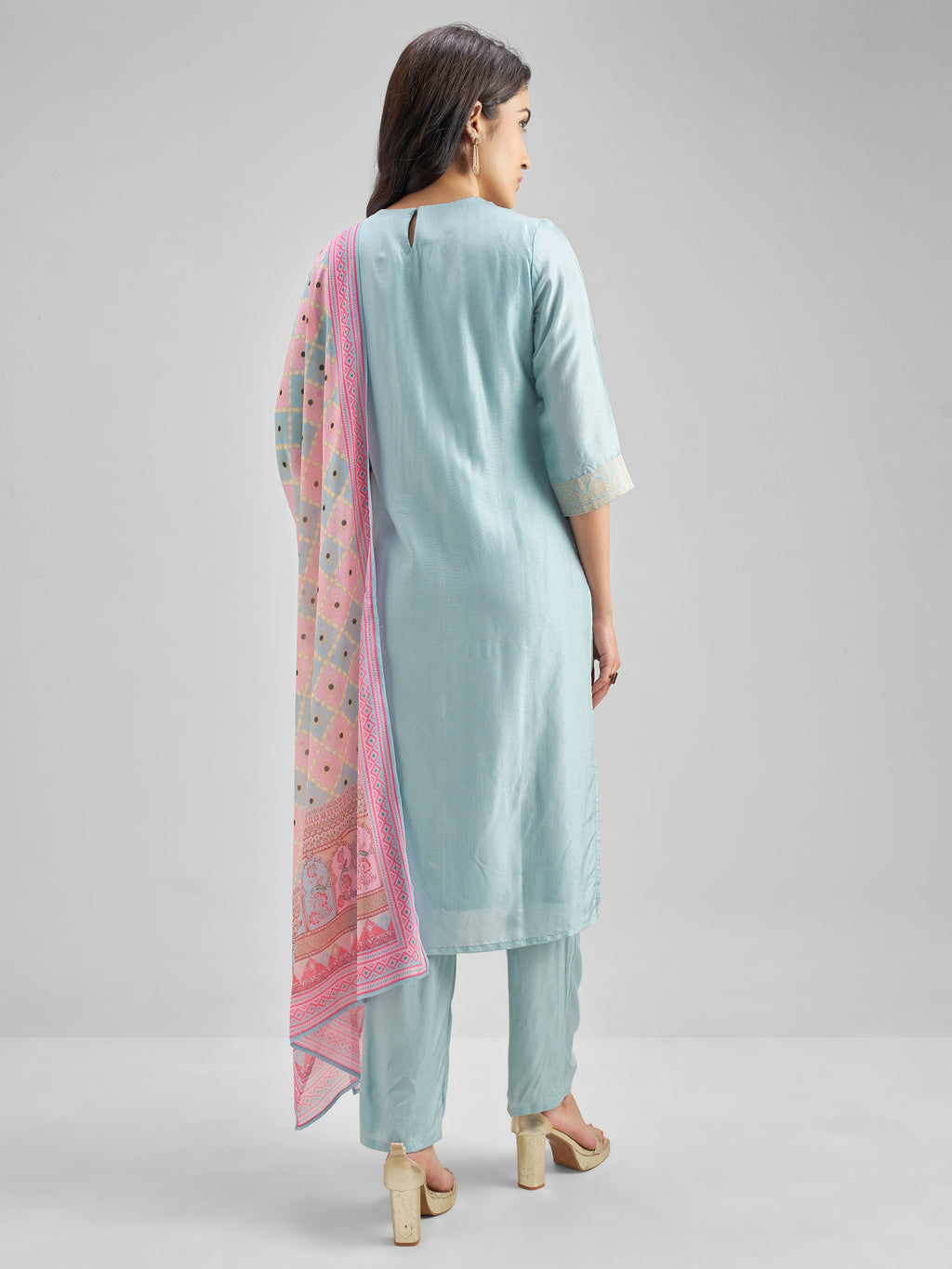 Vishudh Women Blue Embroidered Kurta With Trousers And Dupatta - Blue - Image 3