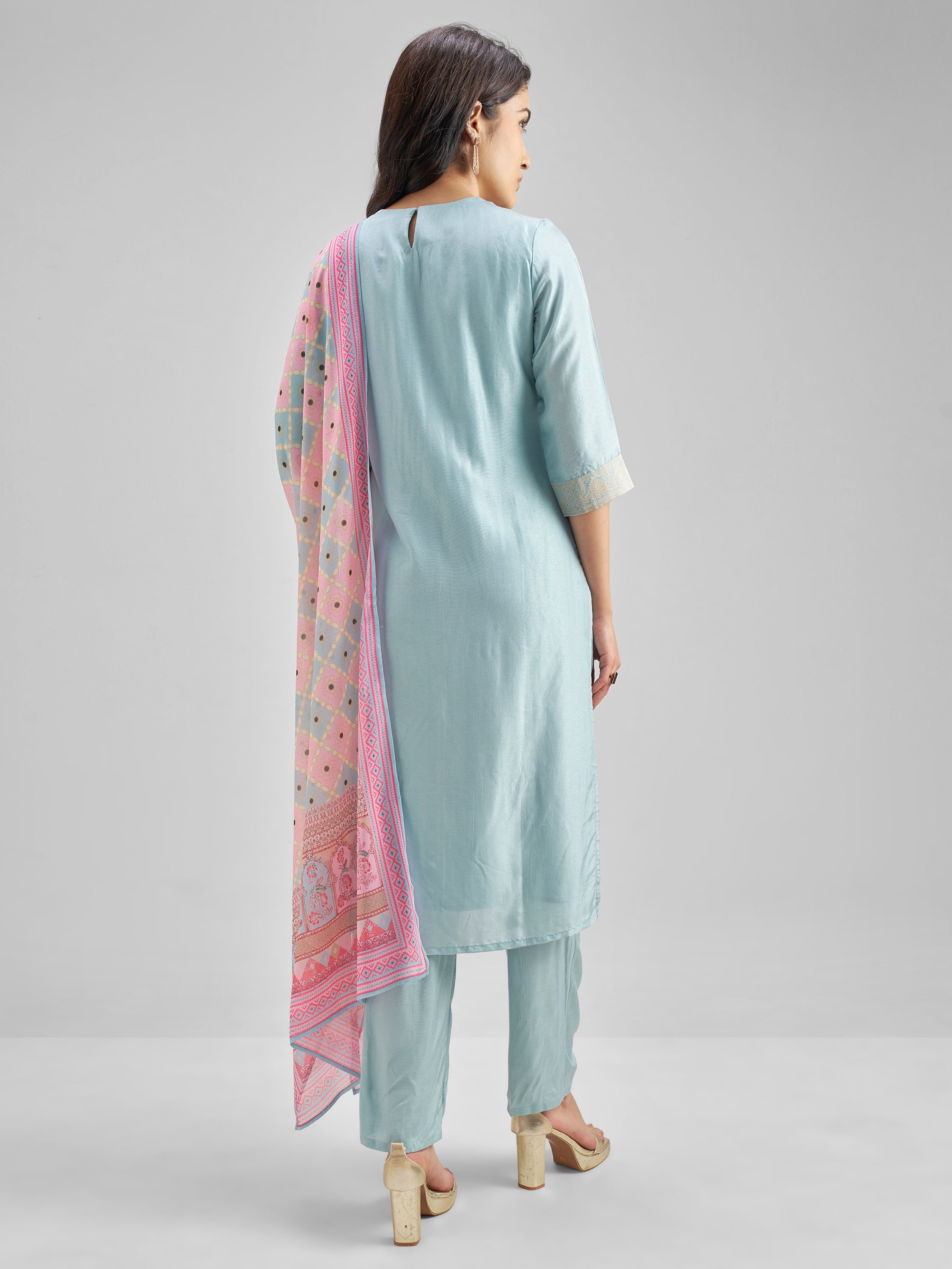 Vishudh Women Blue Embroidered Kurta With Trousers And Dupatta - Blue - Image 3