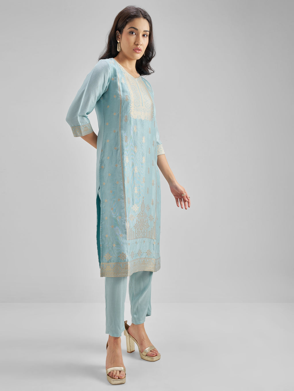 Vishudh Women Blue Embroidered Kurta With Trousers And Dupatta - Blue - Image 4