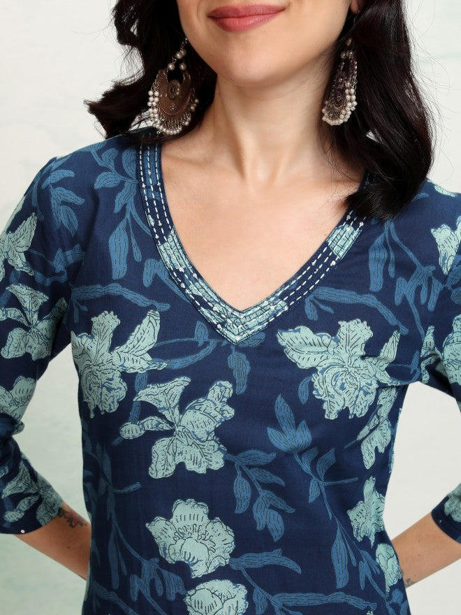 Vishudh Women Navy Blue Printed Straight Kurta - Navy Blue - Image 5