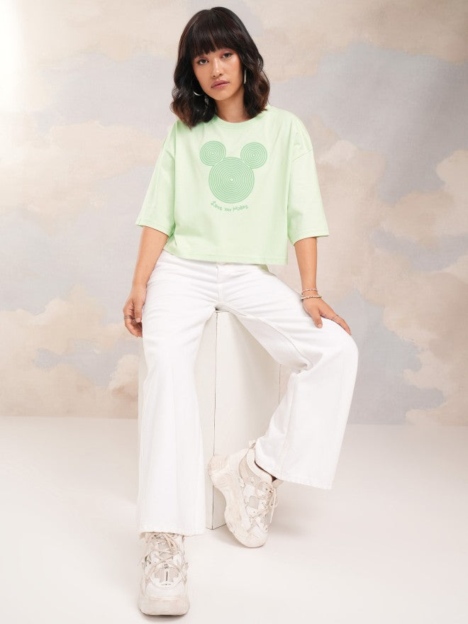 Disney By Tokyo Talkies Women Green Mickey Mouse Printed Round Neck T-Shirt - Green - Image 2