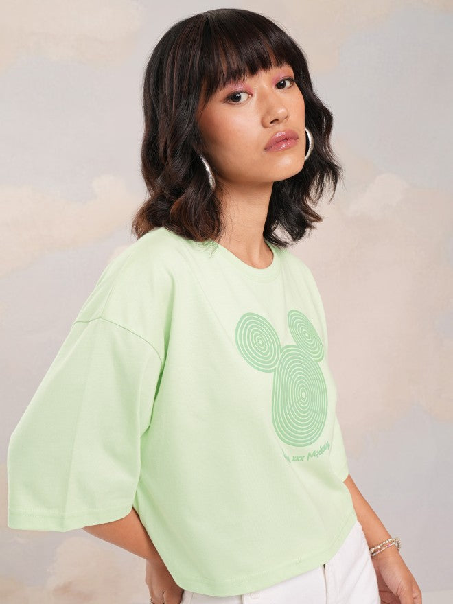 Disney By Tokyo Talkies Women Green Mickey Mouse Printed Round Neck T-Shirt - Green - Image 6
