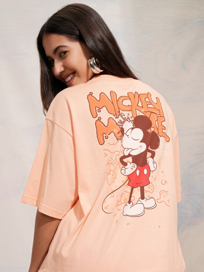 Disney By Tokyo Talkies Women Peach Mickey Mouse Printed Round Neck T-Shirt - Peach - Image 1