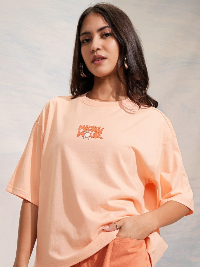 Disney By Tokyo Talkies Women Peach Mickey Mouse Printed Round Neck T-Shirt - Peach - Image 3