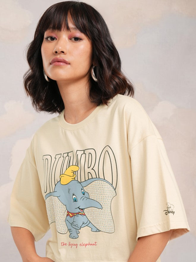 Disney By Tokyo Talkies Women Beige Dumbo Printed Round Neck T-Shirt - Beige - Image 1