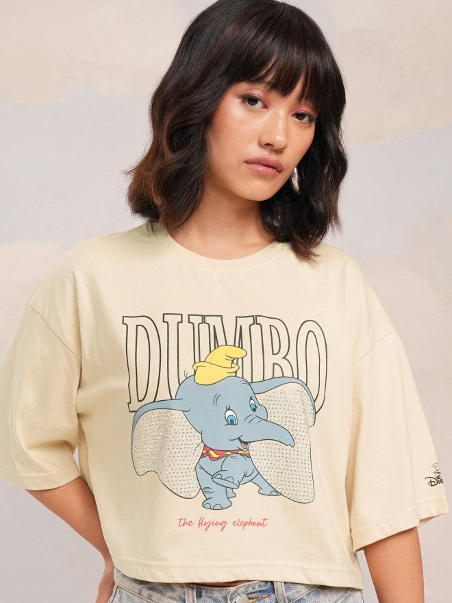 Disney By Tokyo Talkies Women Beige Dumbo Printed Round Neck T-Shirt - Beige - Image 4