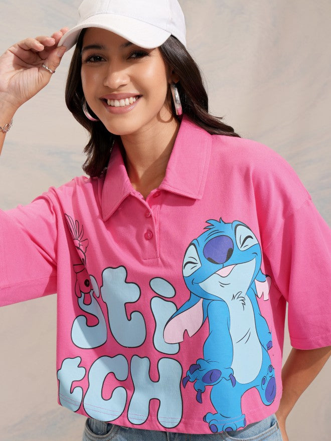 Disney By Tokyo Talkies Women Pink Stitch Printed Polo Collar T-Shirt - Pink - Image 1