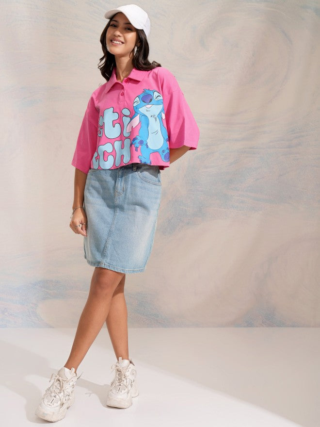 Disney By Tokyo Talkies Women Pink Stitch Printed Polo Collar T-Shirt - Pink - Image 2