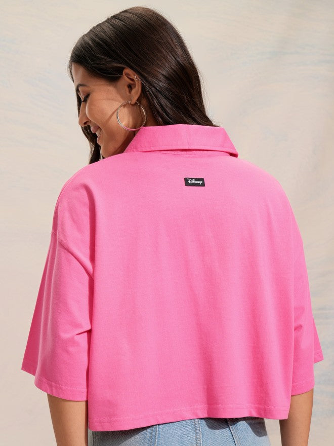 Disney By Tokyo Talkies Women Pink Stitch Printed Polo Collar T-Shirt - Pink - Image 3