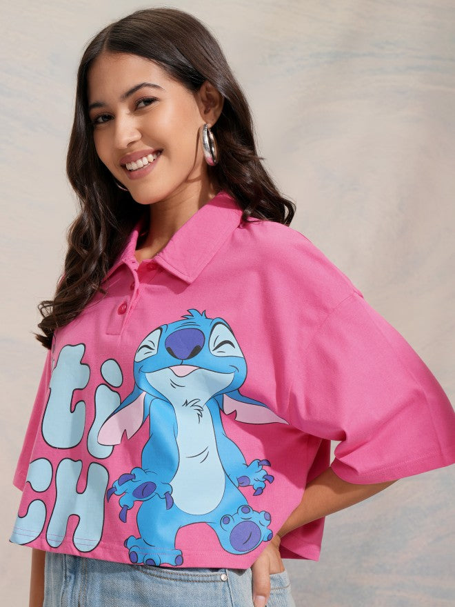 Disney By Tokyo Talkies Women Pink Stitch Printed Polo Collar T-Shirt - Pink - Image 4