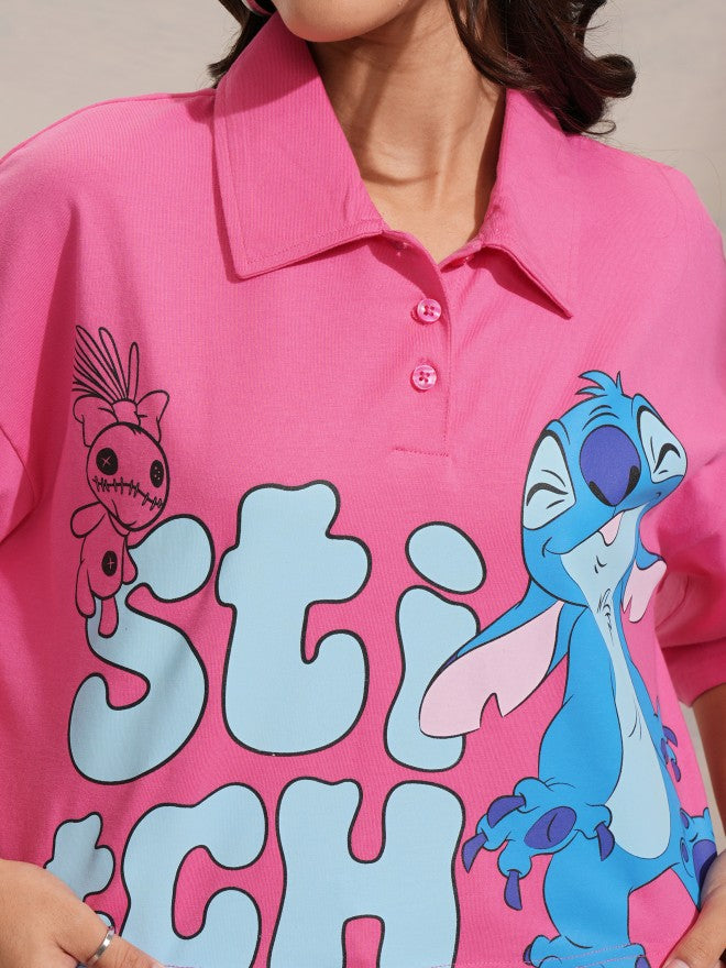 Disney By Tokyo Talkies Women Pink Stitch Printed Polo Collar T-Shirt - Pink - Image 5