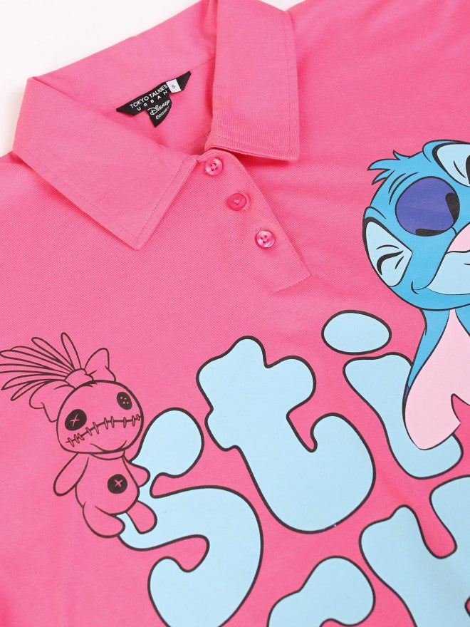Disney By Tokyo Talkies Women Pink Stitch Printed Polo Collar T-Shirt - Pink - Image 7