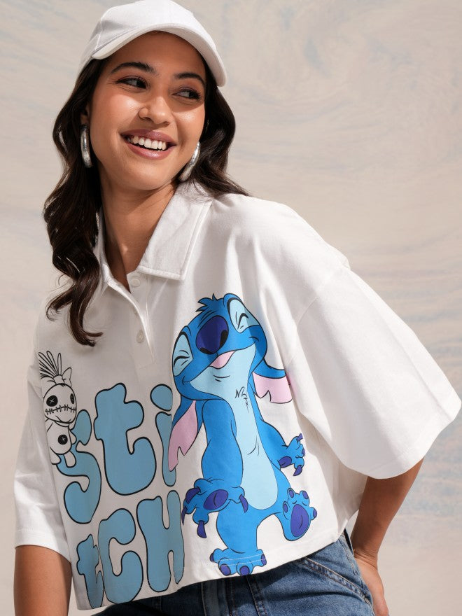 Disney By Tokyo Talkies Women White Stitch Printed Polo Collar T-Shirt - White - Image 1