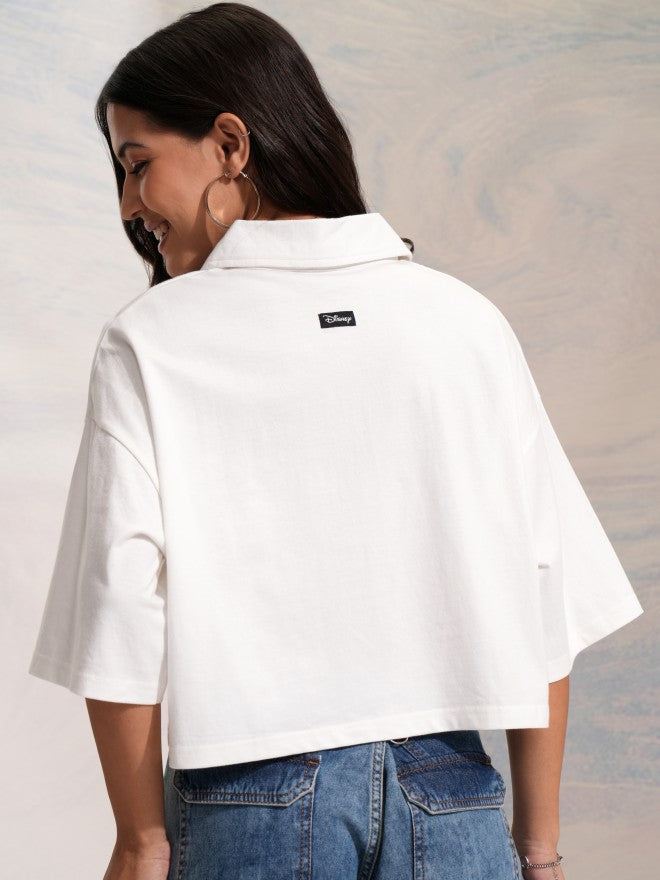 Disney By Tokyo Talkies Women White Stitch Printed Polo Collar T-Shirt - White - Image 3