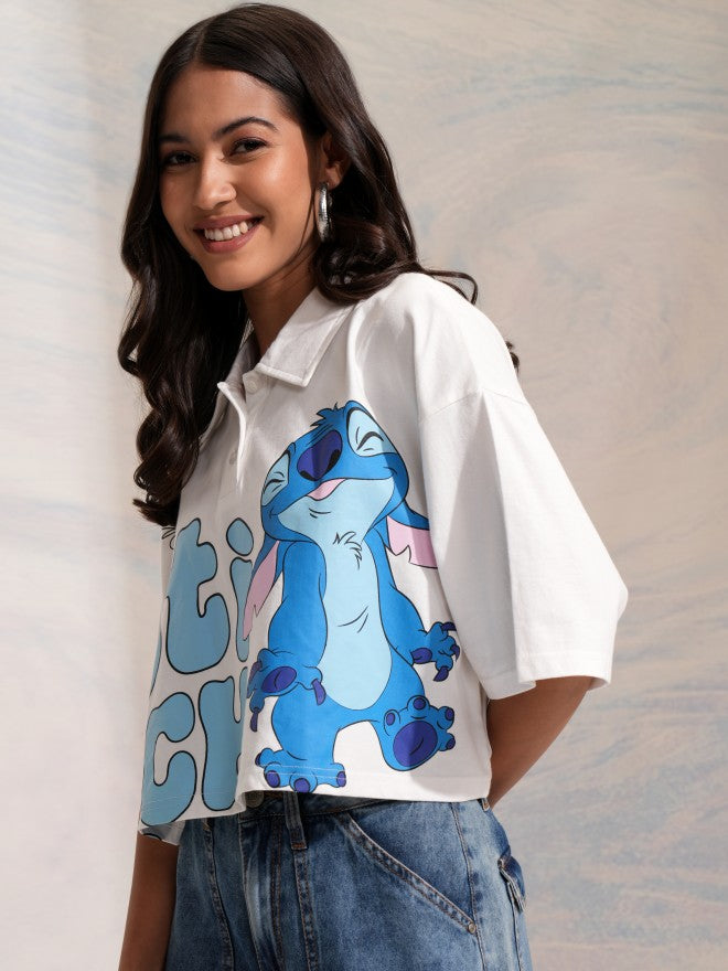 Disney By Tokyo Talkies Women White Stitch Printed Polo Collar T-Shirt - White - Image 4