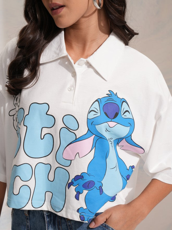 Disney By Tokyo Talkies Women White Stitch Printed Polo Collar T-Shirt - White - Image 5
