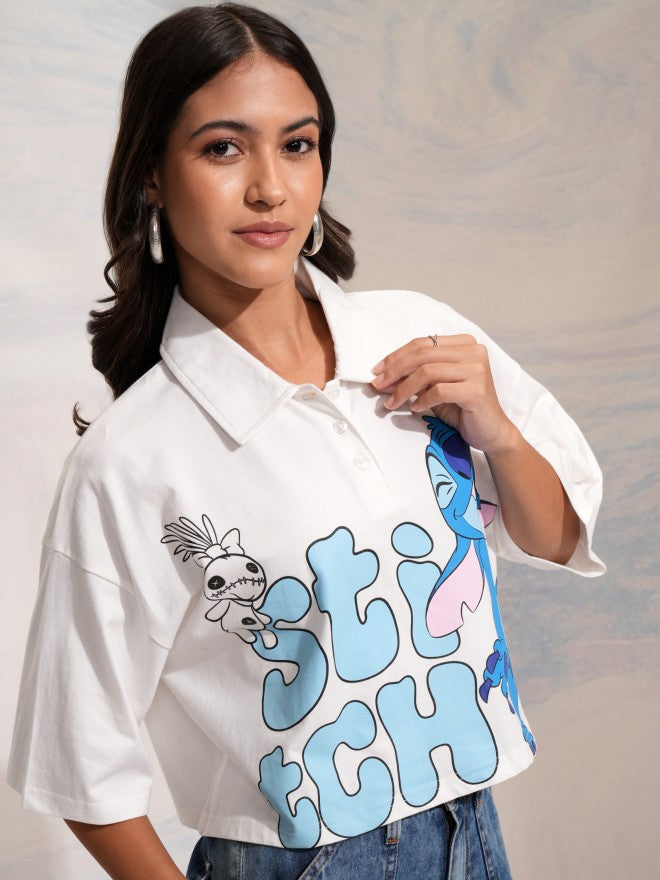 Disney By Tokyo Talkies Women White Stitch Printed Polo Collar T-Shirt - White - Image 6