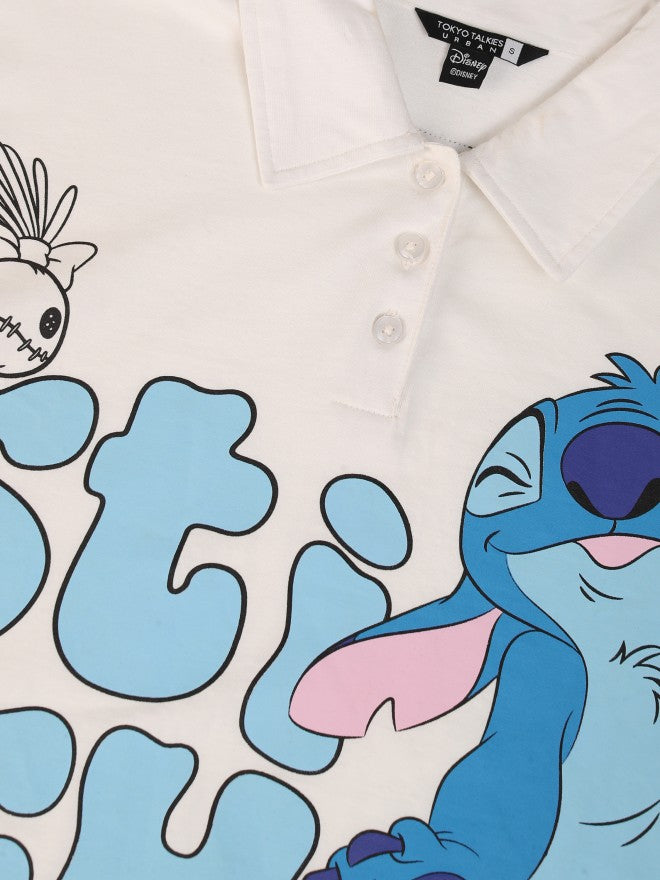 Disney By Tokyo Talkies Women White Stitch Printed Polo Collar T-Shirt - White - Image 7