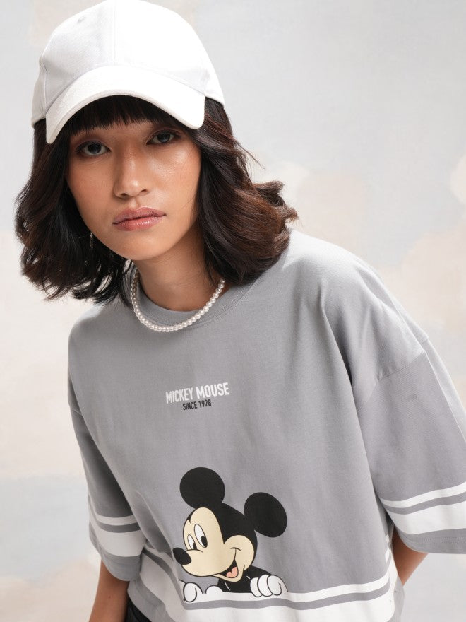 Disney By Tokyo Talkies Women Grey Mickey Mouse Printed Round Neck T-Shirt - Grey - Image 1