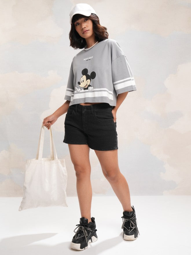 Disney By Tokyo Talkies Women Grey Mickey Mouse Printed Round Neck T-Shirt - Grey - Image 2