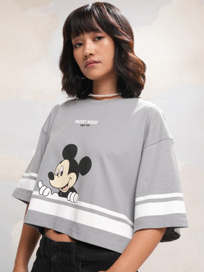 Disney By Tokyo Talkies Women Grey Mickey Mouse Printed Round Neck T-Shirt - Grey - Image 4