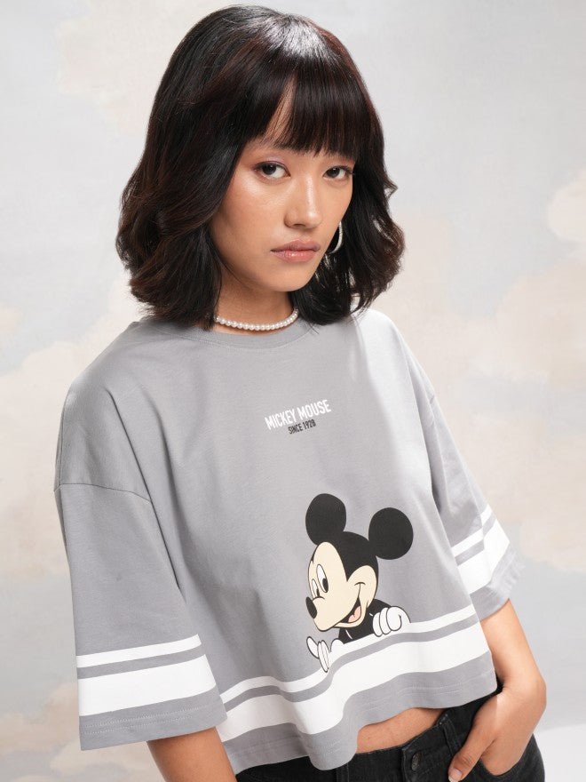 Disney By Tokyo Talkies Women Grey Mickey Mouse Printed Round Neck T-Shirt - Grey - Image 6