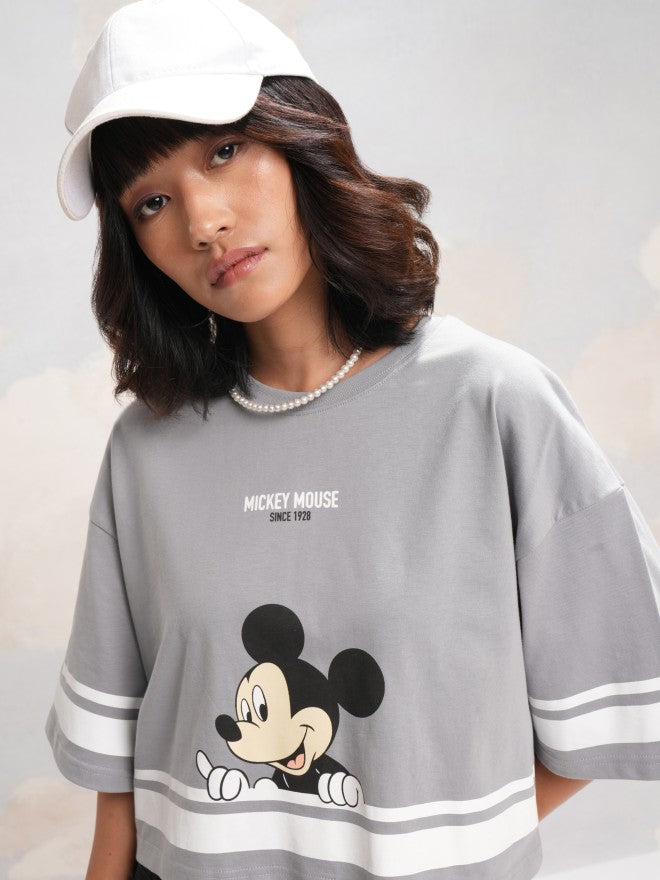 Disney By Tokyo Talkies Women Grey Mickey Mouse Printed Round Neck T-Shirt - Grey - Image 7