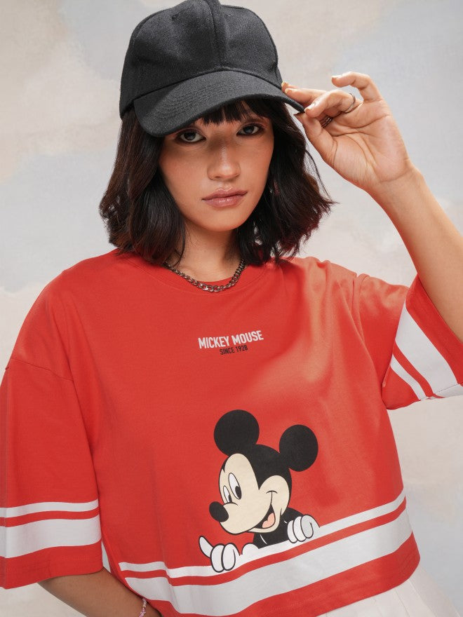 Disney By Tokyo Talkies Women Red Mickey Mouse Printed Round Neck T-Shirt - Red - Image 1